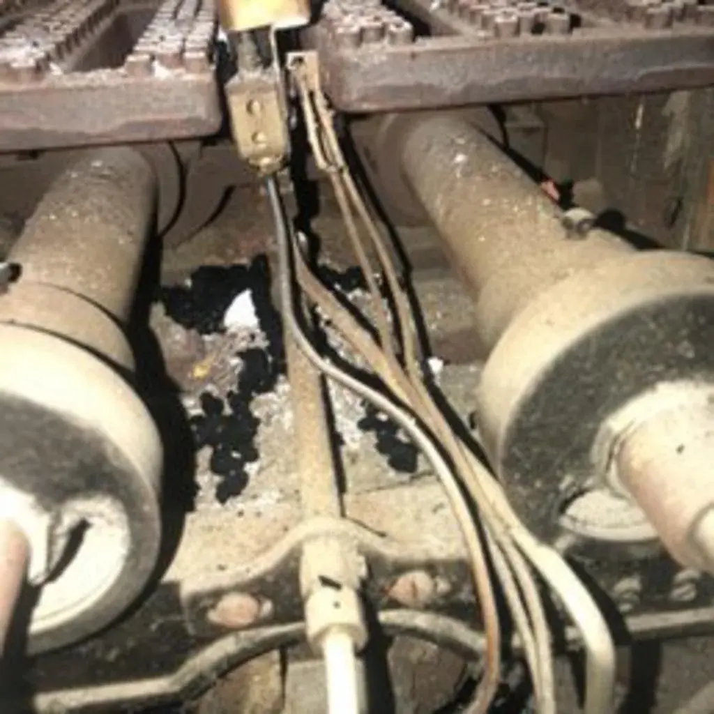 Dirty gas burners removed for cleaning during HVAC maintenance in Westchester County, NY