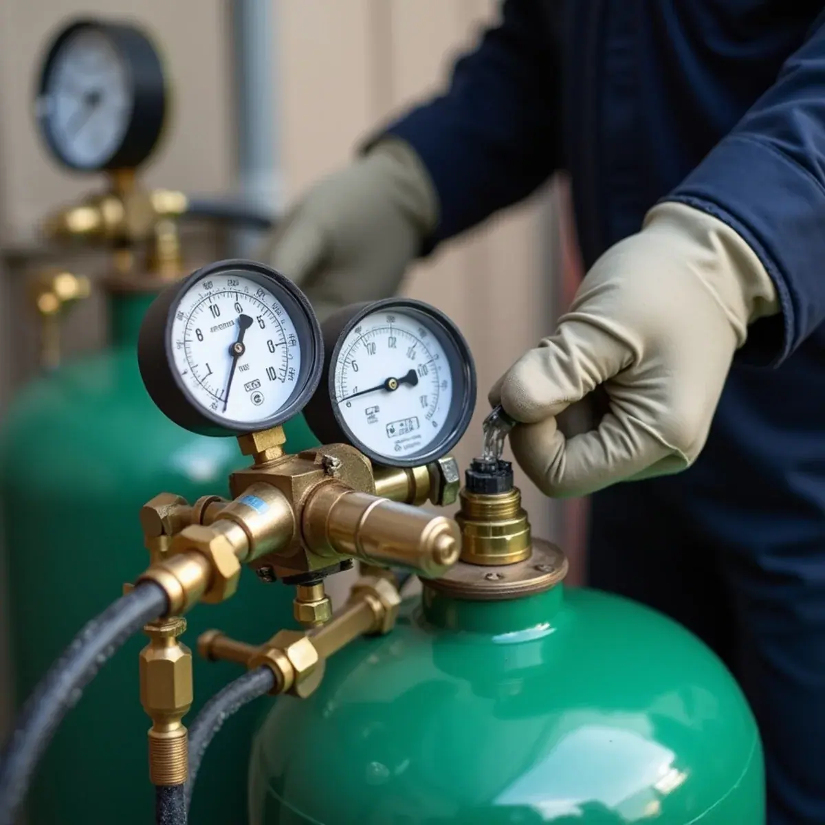 Close-up of nitrogen pressure test gauges on an AC line set in Westchester, NY