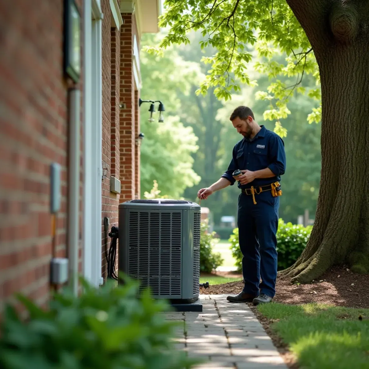 Technician inspecting refrigerant lines at a central AC system in White Plains, NY