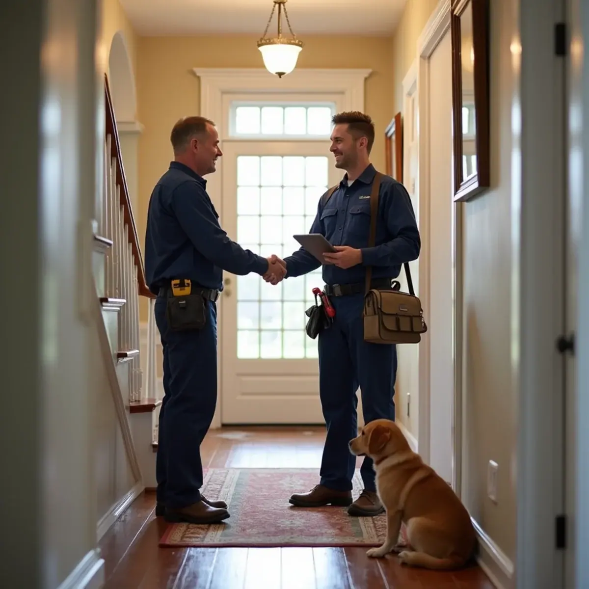 Homeowner thanking an HVAC technician after a furnace repair in a White Plains, NY home