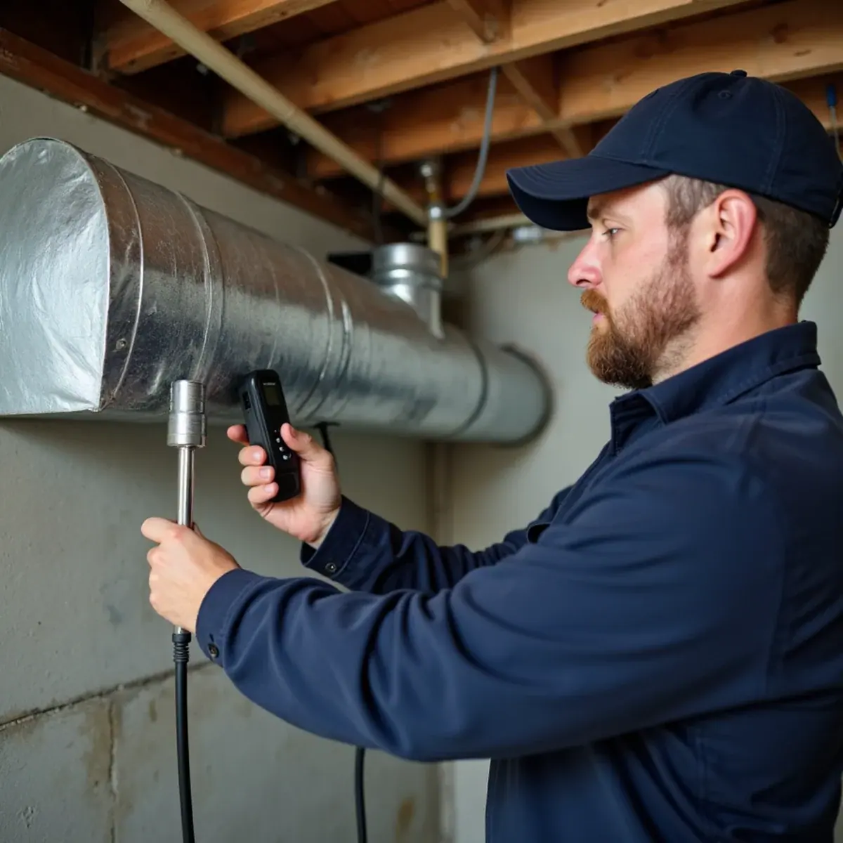 Technician measuring duct static pressure on an older furnace in an Ardsley, NY basement