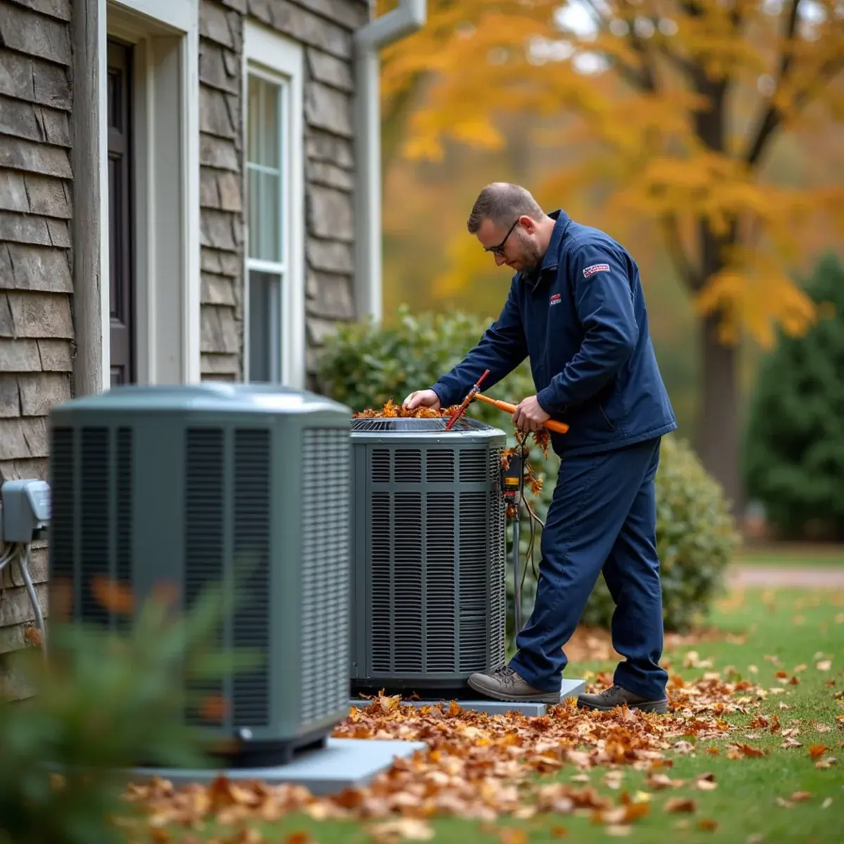 Technician inspecting a heat pump beside a standby generator at an Armonk, NY estate home