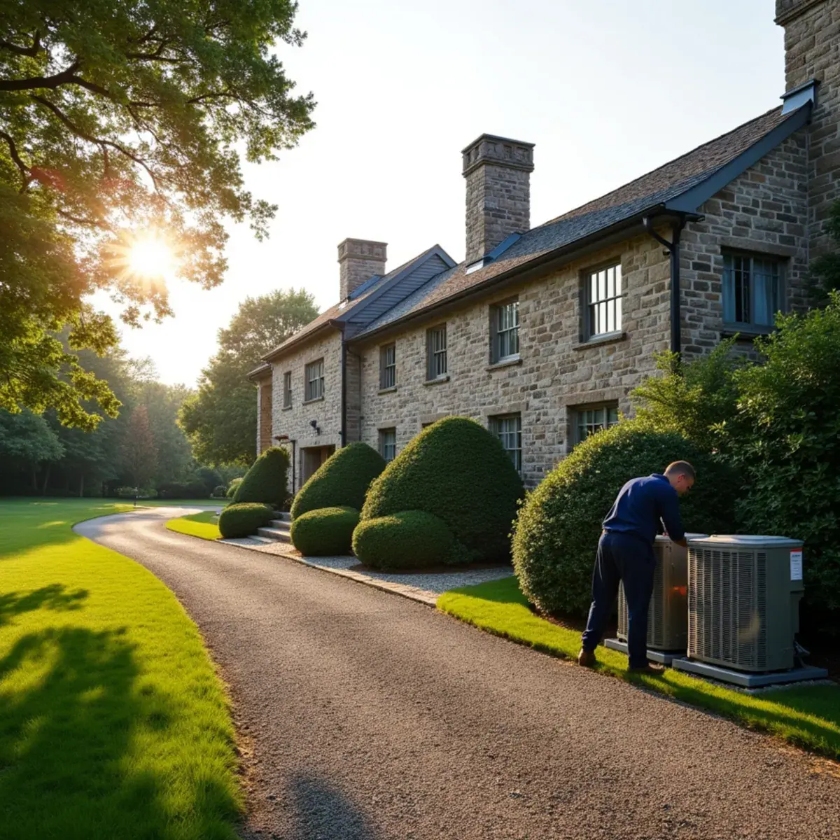 Large stone-and-shingle home in Armonk, NY with outdoor heat pump units screened by landscaping