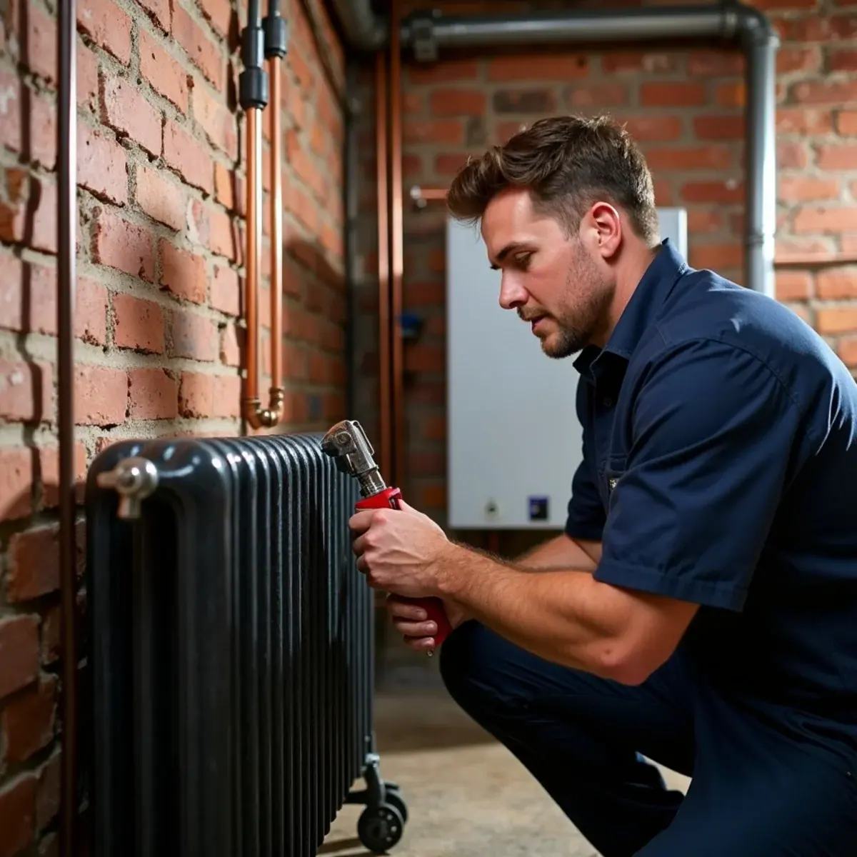 Technician piping a new high-efficiency boiler into century-old radiators in a Beacon, NY brick rowhouse