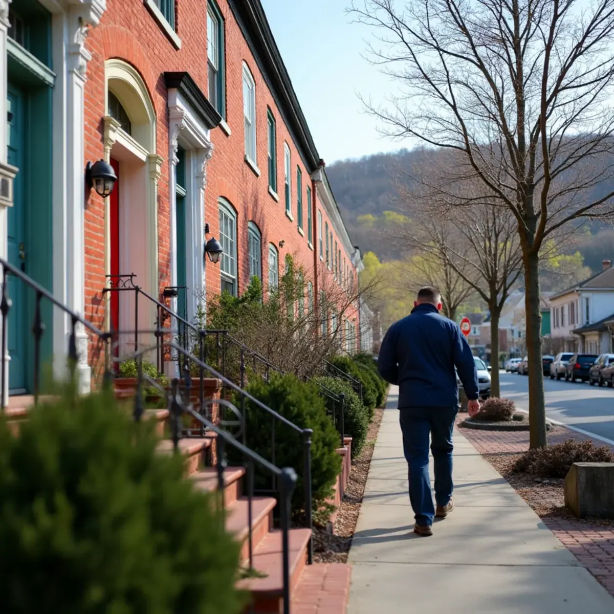 Renovated 1800s brick rowhouses on a Beacon, NY street with Mount Beacon behind and a technician arriving
