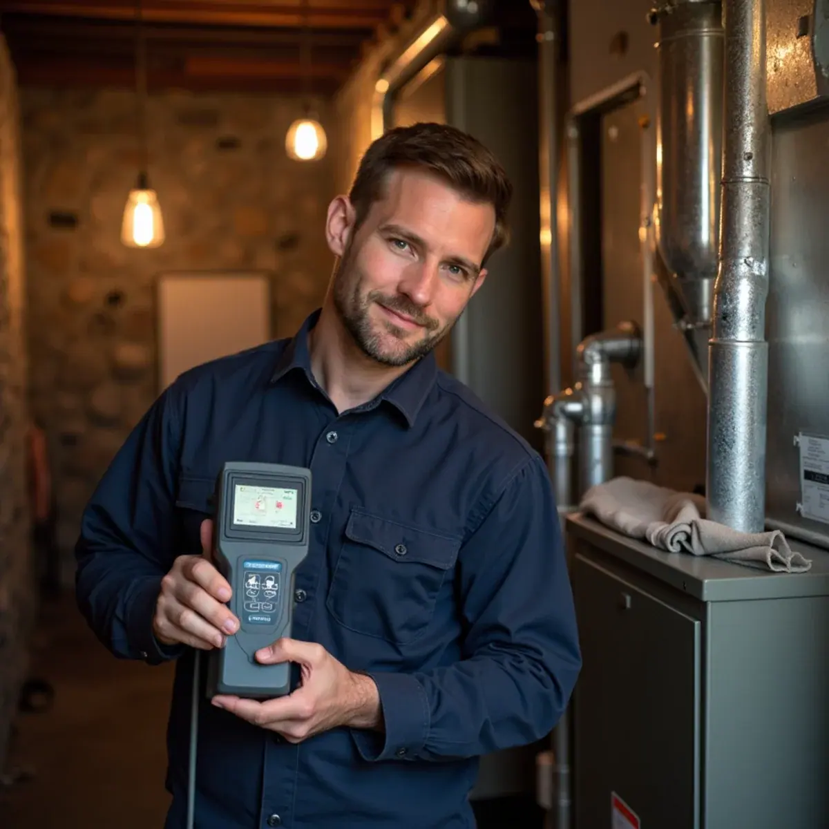 Technician running a combustion analysis on a furnace in a Bedford, NY farmhouse cellar