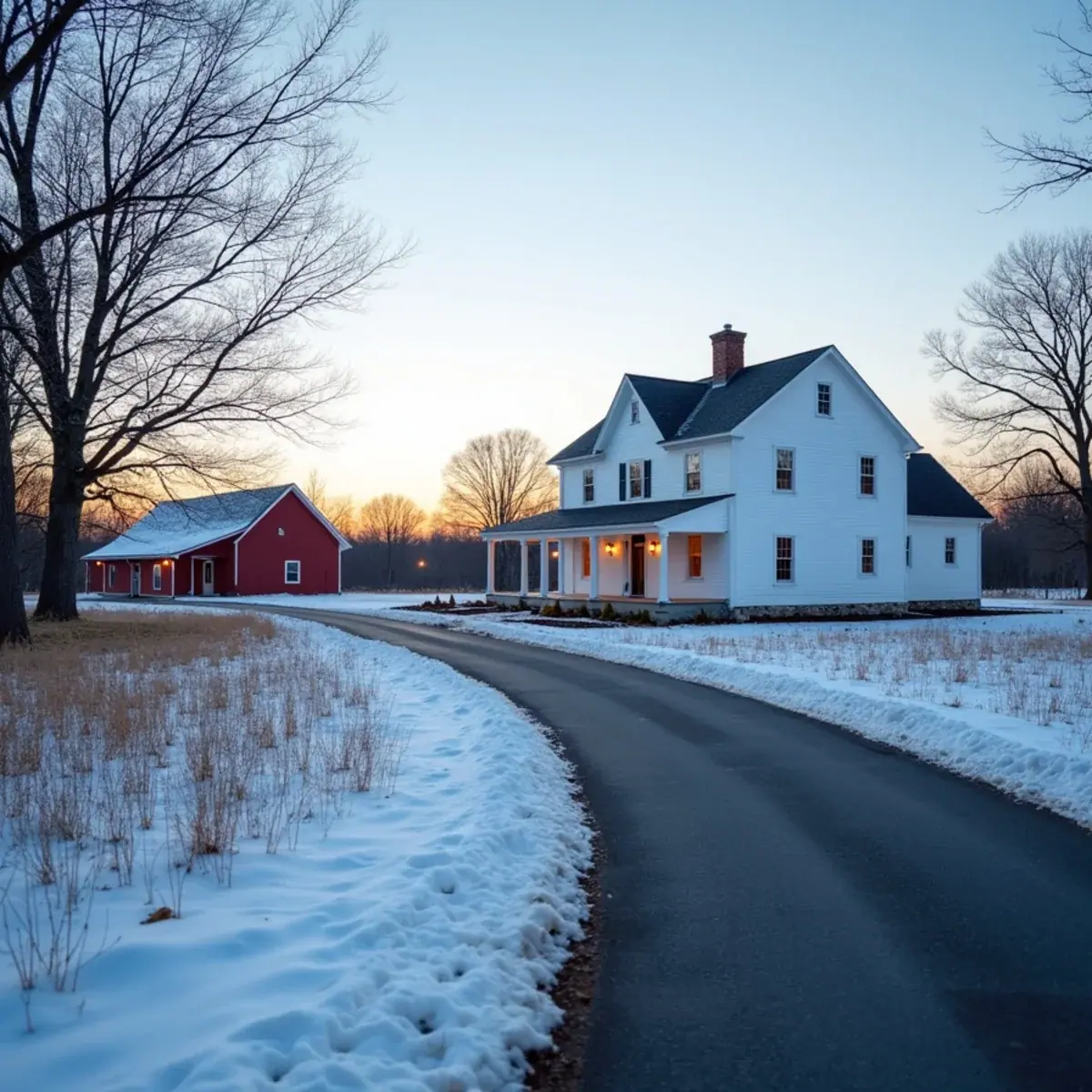 Colonial farmhouse behind a fieldstone wall along a gravel drive in Bedford, NY