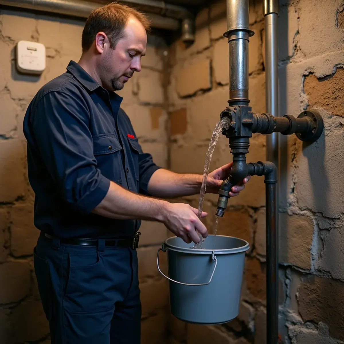 Technician flushing a steam boiler low-water cutoff in an older Brewster, NY village basement