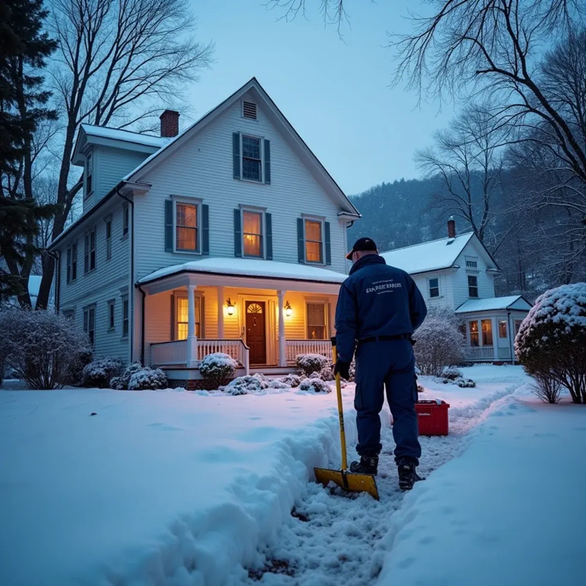 Nineteenth-century railroad-village home on a snowy side street in Brewster, NY with a service technician