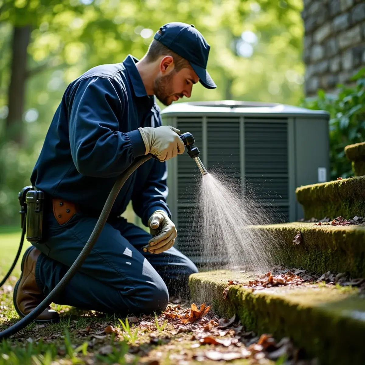 Technician rinsing leaves and pollen from a condenser coil at a Briarcliff Manor, NY home