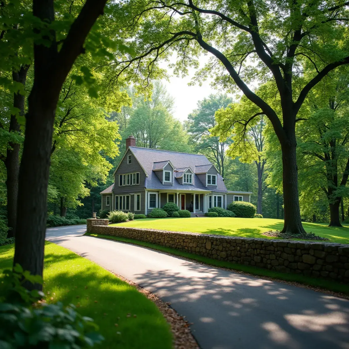 Large colonial home under a mature tree canopy on a winding Briarcliff Manor, NY road