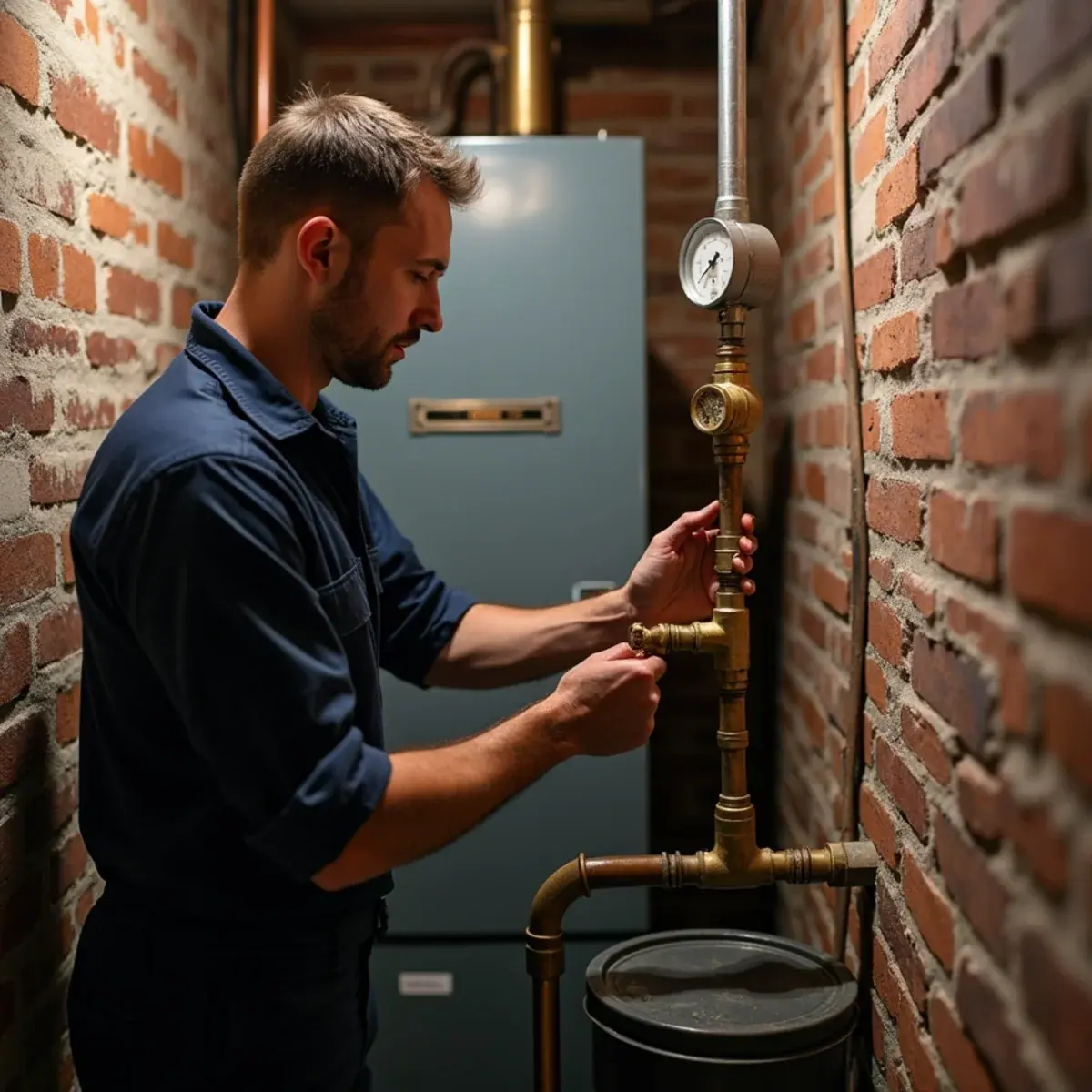 HVAC tech clearing a steam boiler pigtail and checking the sight glass in a Bronx, NY basement