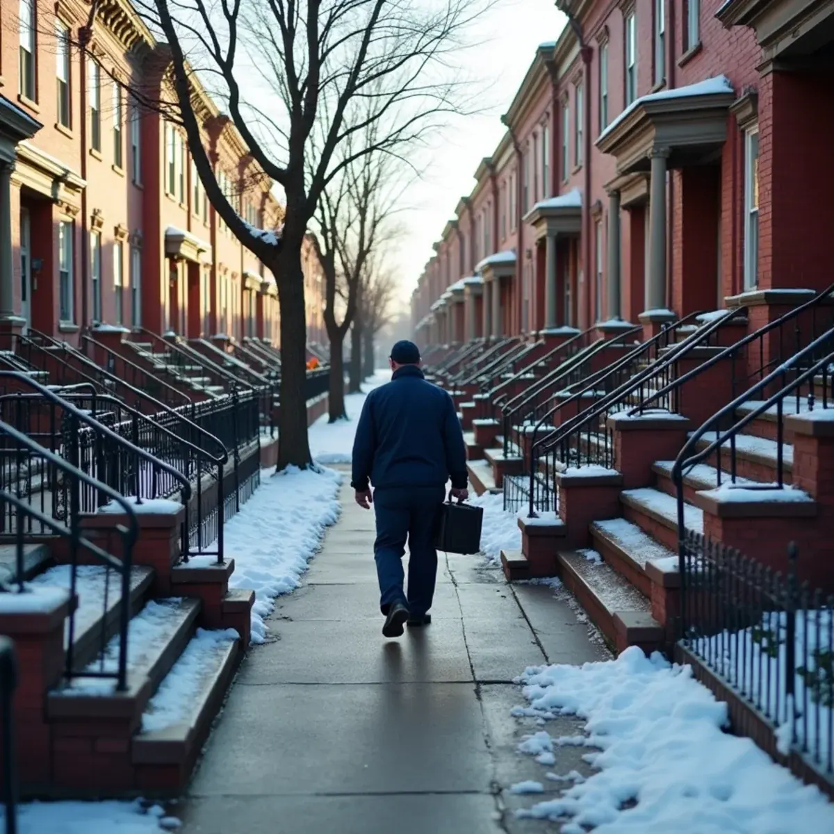 Semi-attached brick two-family homes in the northeast Bronx, NY with an HVAC technician heading to the boiler room