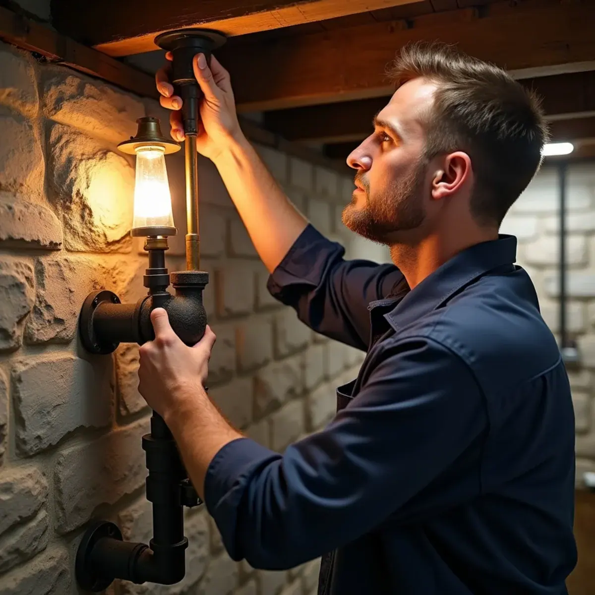 Technician checking a steam main vent above a cast-iron boiler in a Bronxville, NY basement