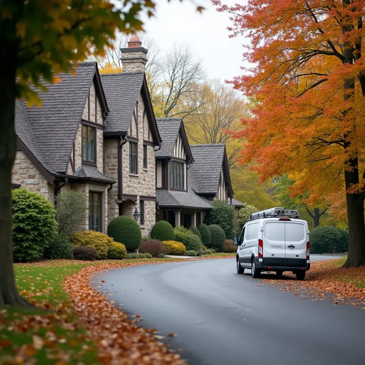 Tudor-revival stone and stucco homes on a leafy Bronxville, NY street in late autumn