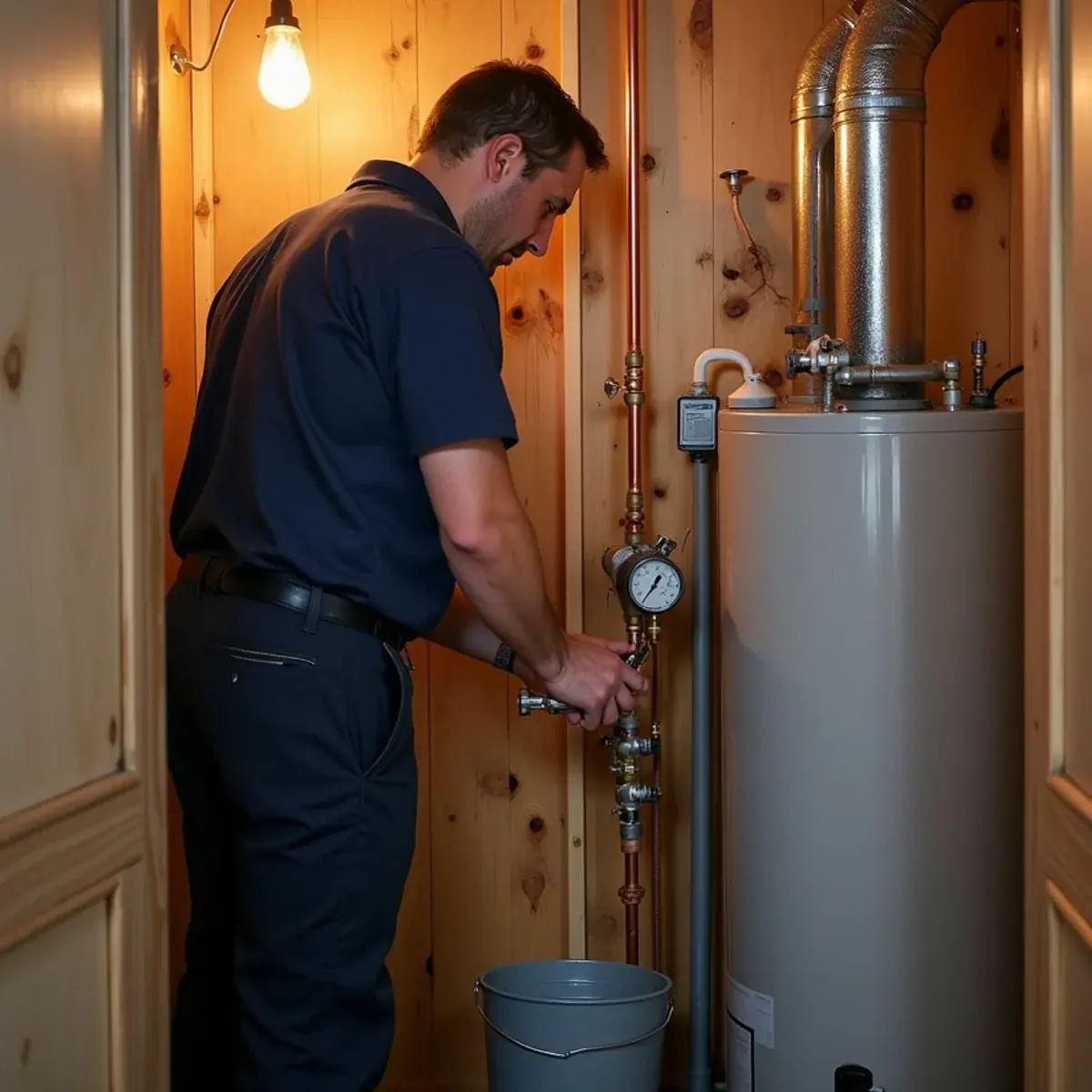 Technician bleeding air from baseboard heating zones at a closet boiler in a Carmel, NY cottage