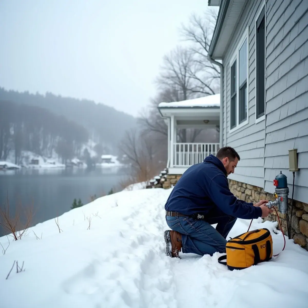 Winterized lake cottage on a hillside street near Lake Gleneida in Carmel, NY with an HVAC technician