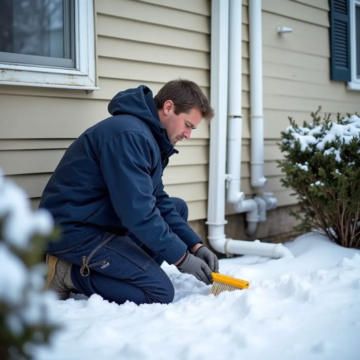Technician clearing snow from high-efficiency furnace PVC vents outside a Chappaqua, NY colonial