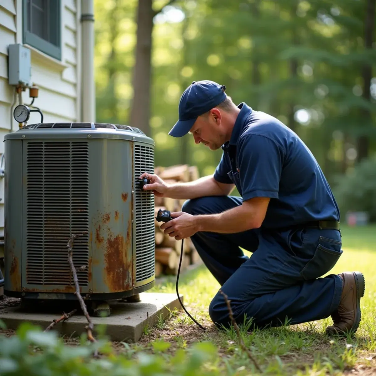Technician leak-testing an aging R-22 condenser beside a Cortlandt Manor, NY home