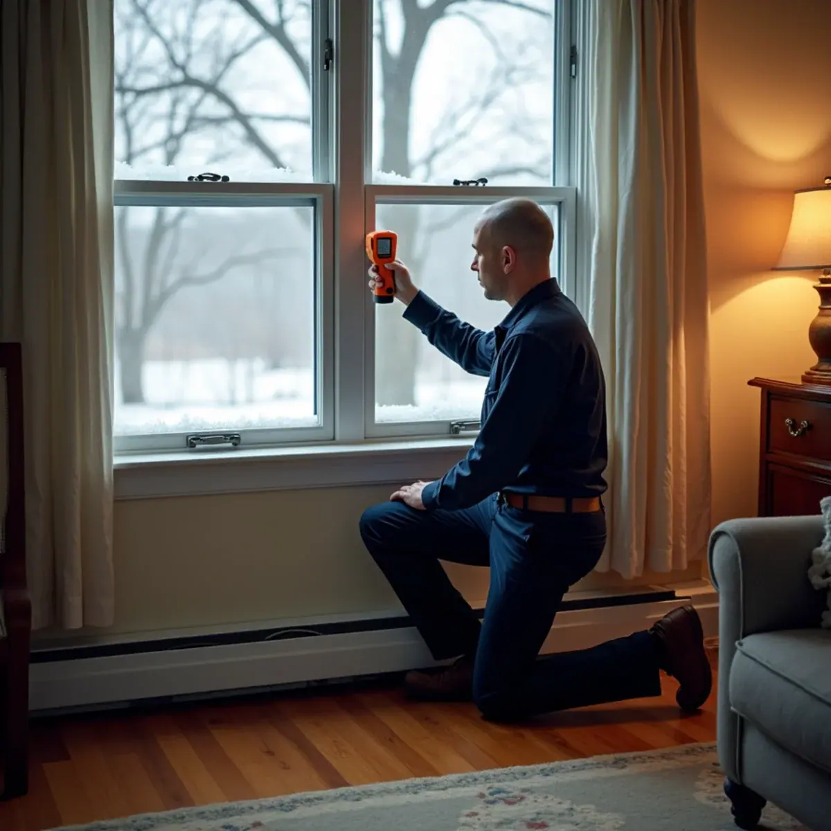 Technician checking baseboard heat along a wind-exposed outside wall in a Croton-on-Hudson, NY home
