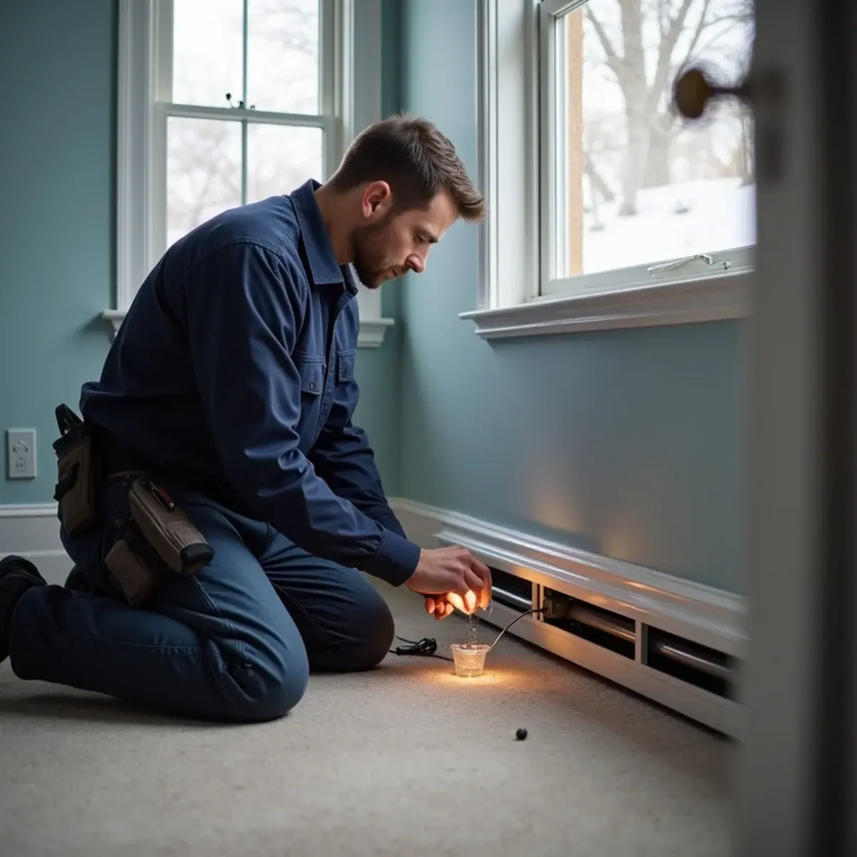 Technician bleeding air from upper-floor baseboard heat in a split-level Dobbs Ferry, NY home