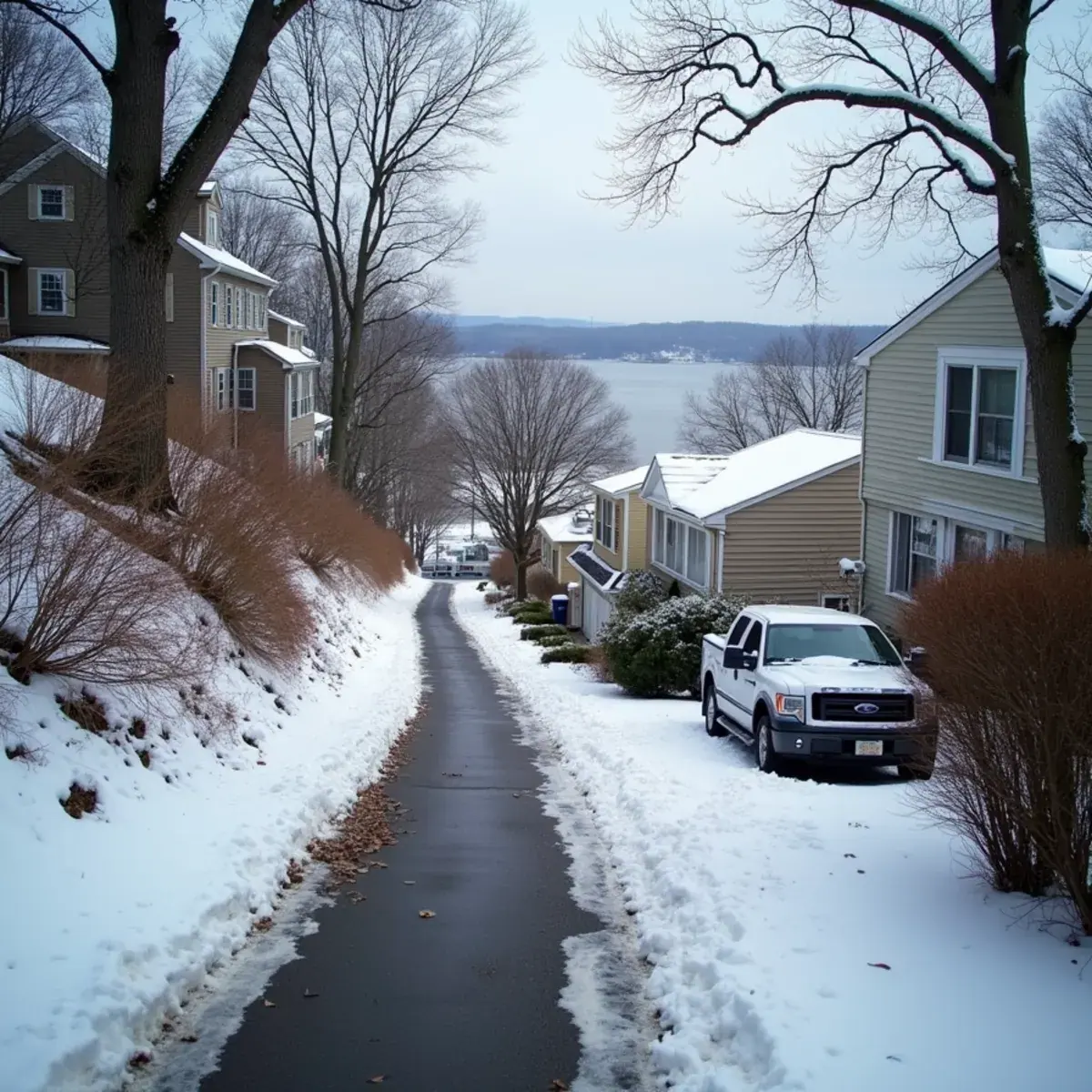 Split-level and colonial homes stepping down a hillside in Dobbs Ferry, NY toward the Hudson