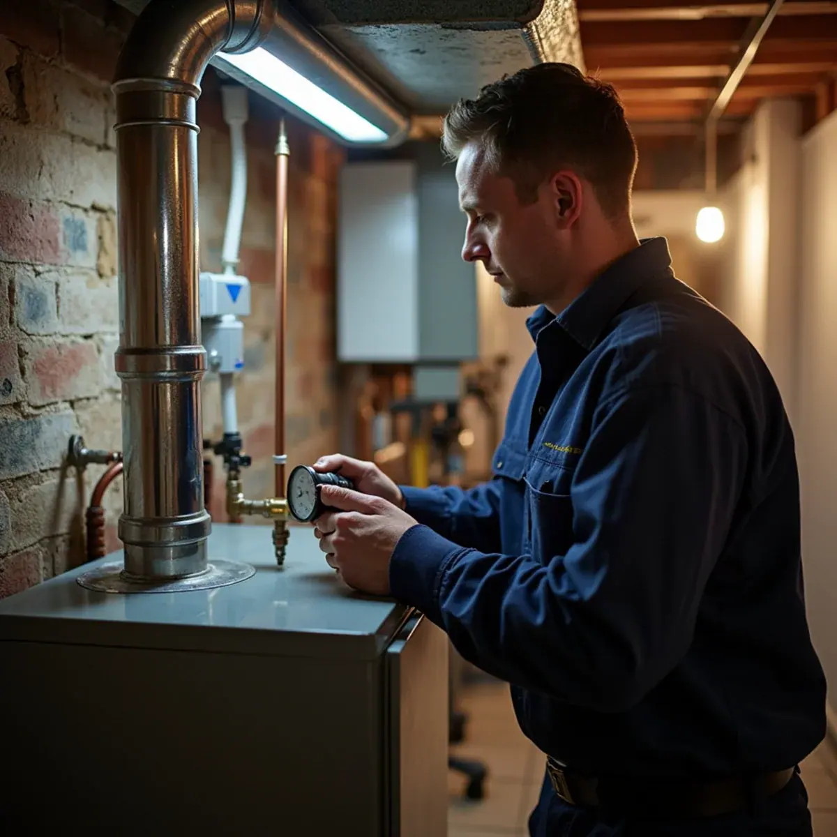 Technician servicing a gas boiler that heats radiators in an Eastchester, NY colonial basement