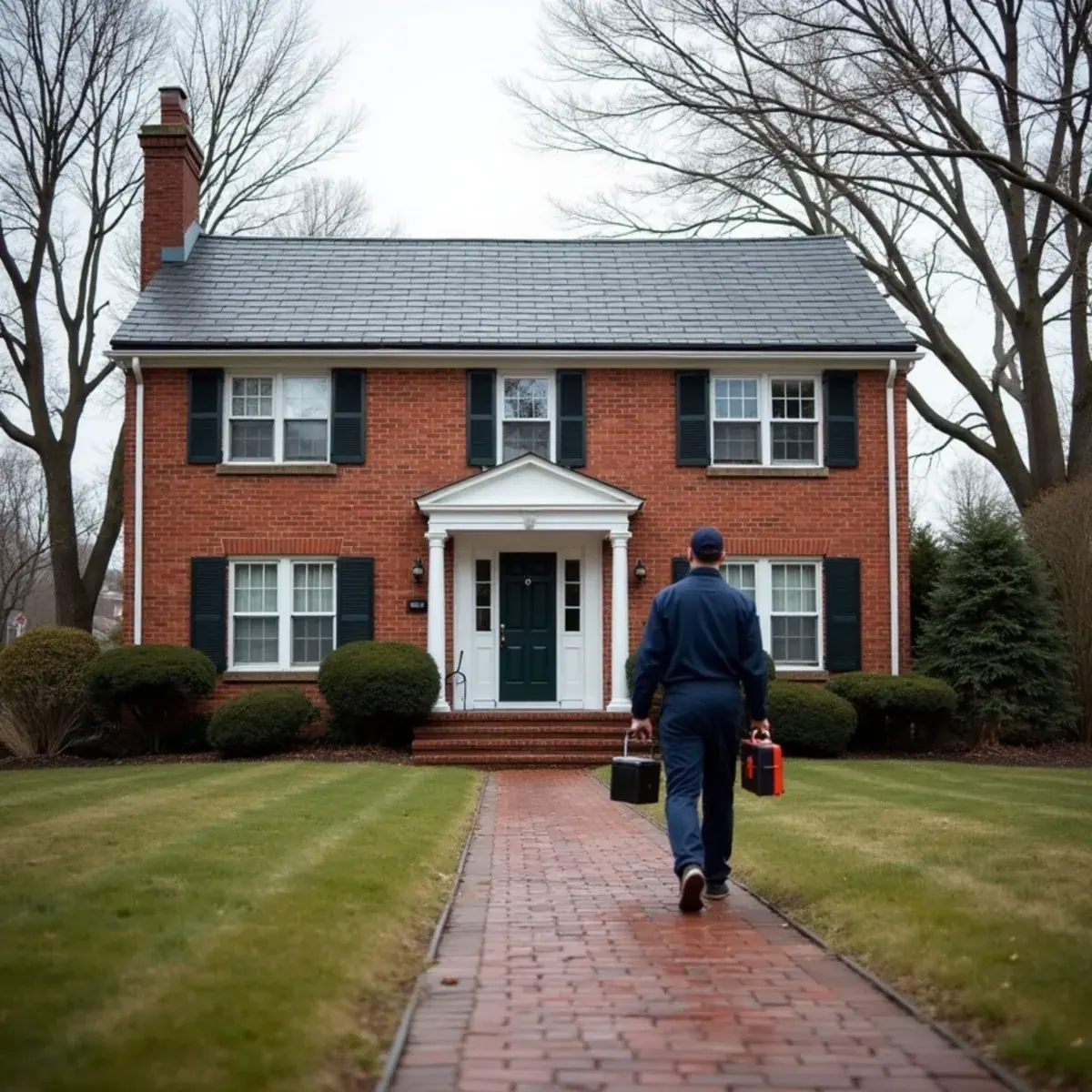 Brick center-hall colonial in Eastchester, NY with a technician walking up the front path