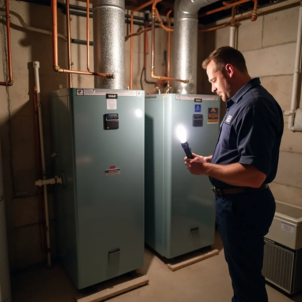 Technician comparing two side-by-side boilers in a two-family house basement in Elmsford, NY