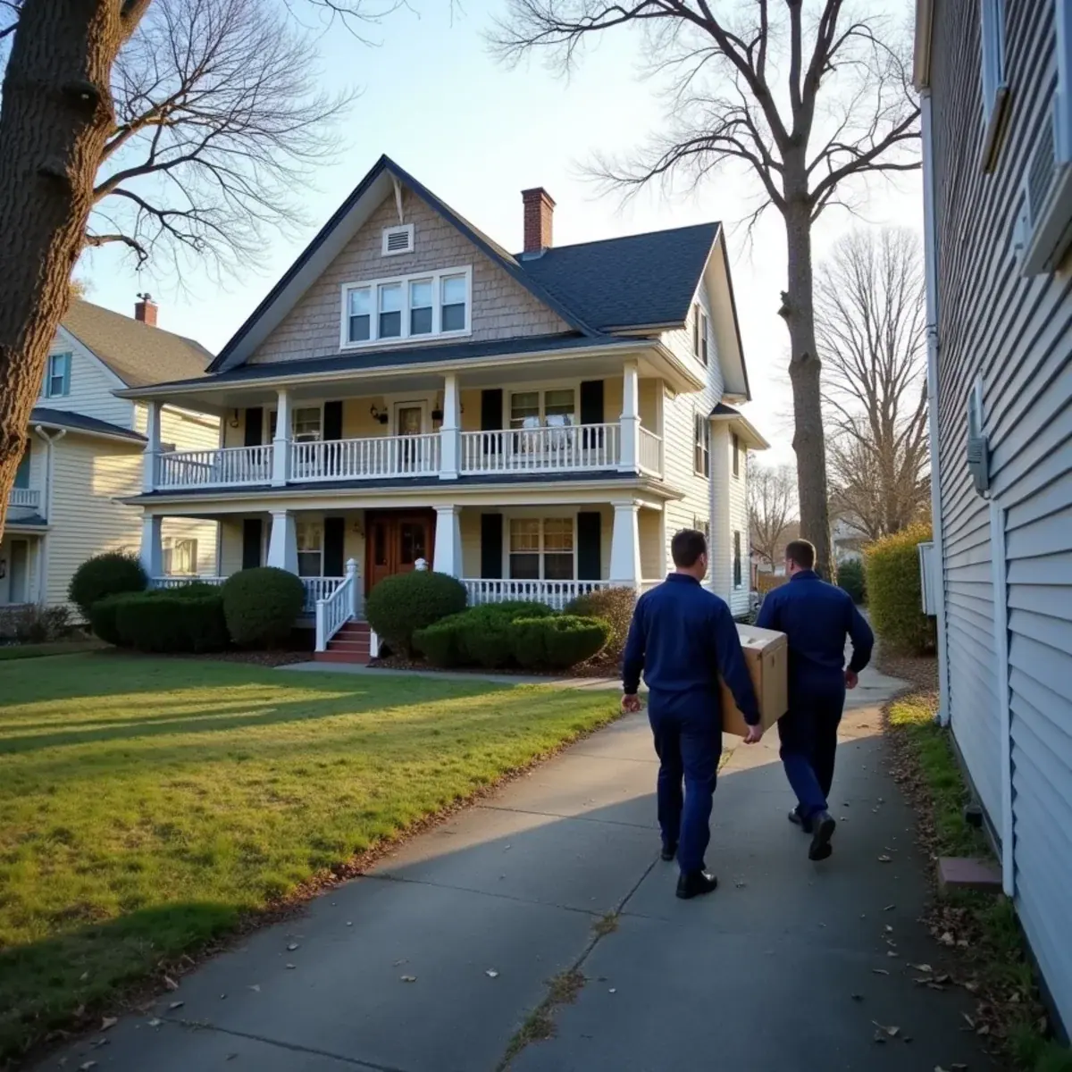 Two-family house in Elmsford, NY with a technician carrying a circulator pump to the basement