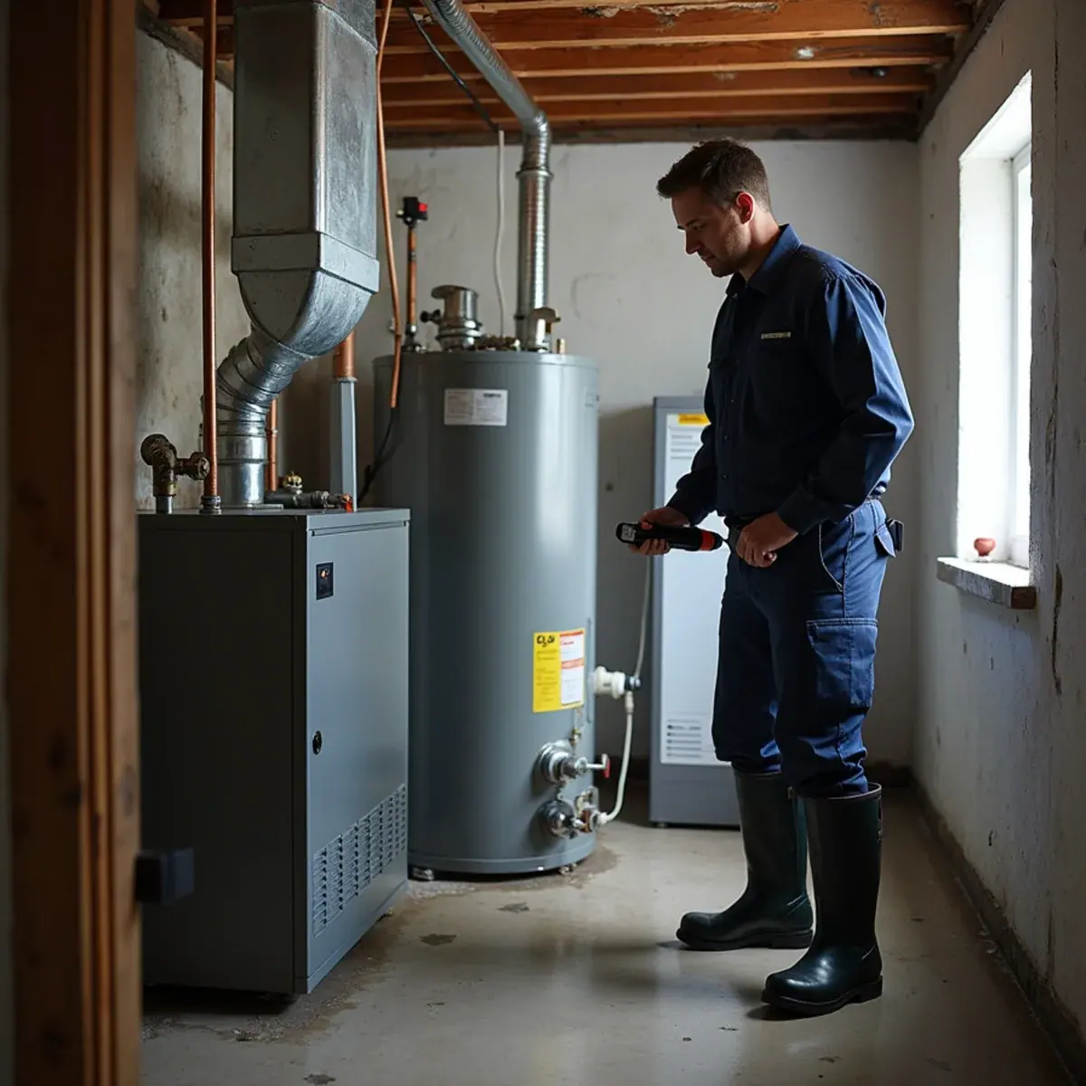 Technician inspecting a basement boiler and water heater after storm flooding in Glen Cove, NY