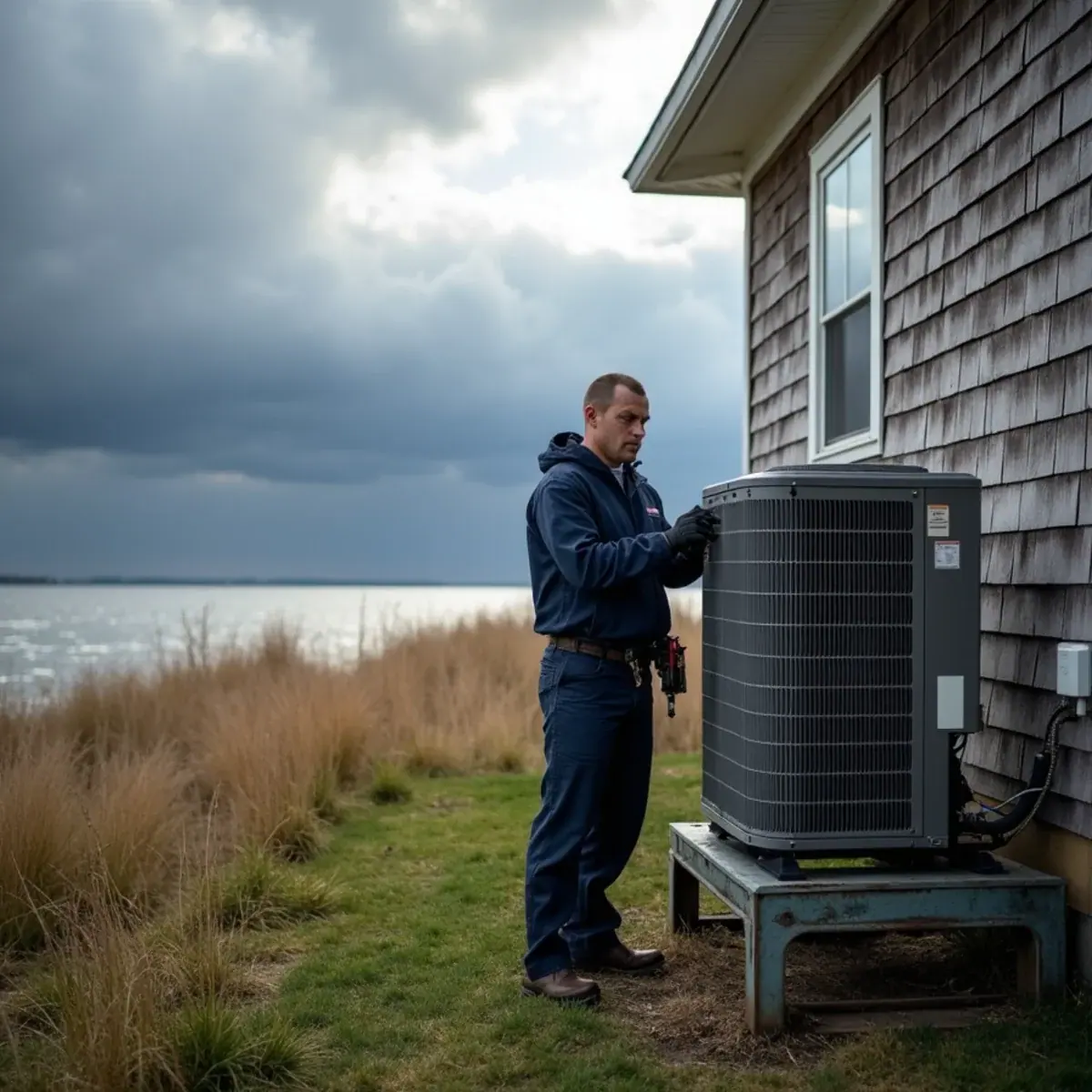 Early-1900s home near Hempstead Harbor in Glen Cove, NY with a technician checking a raised condenser