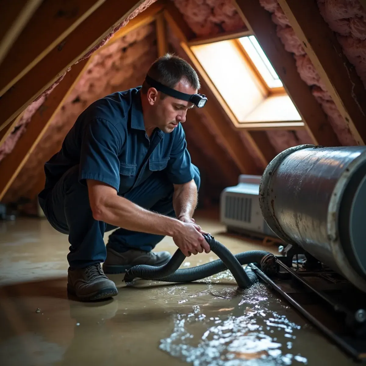 Technician clearing an overflowing condensate pan under an attic air handler in a Great Neck, NY home