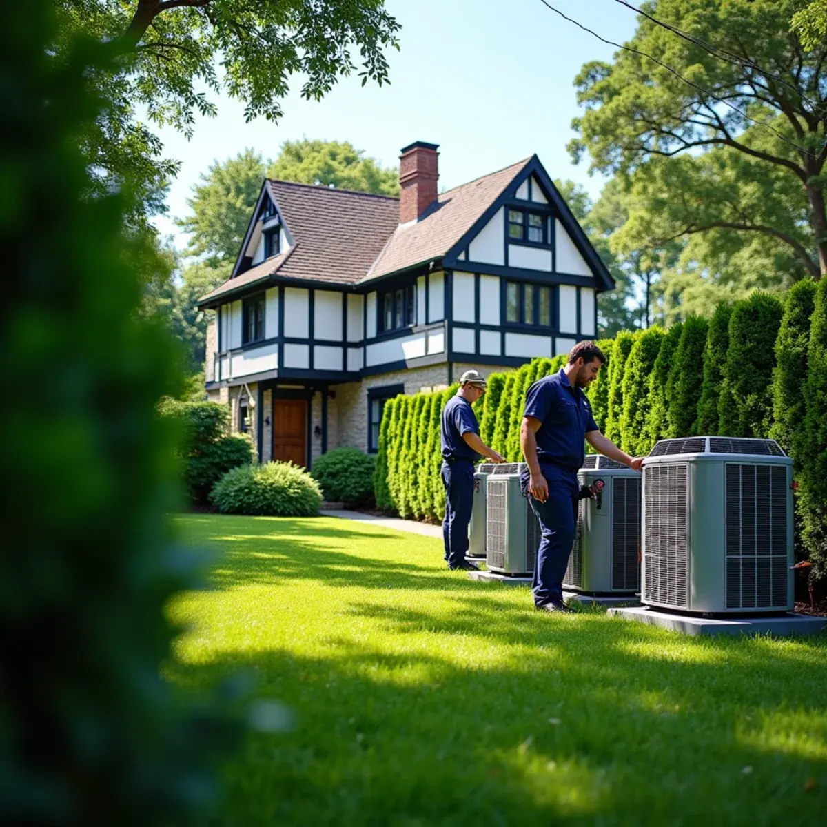 Large 1920s Tudor home in Great Neck, NY with an HVAC technician servicing rear AC condensers