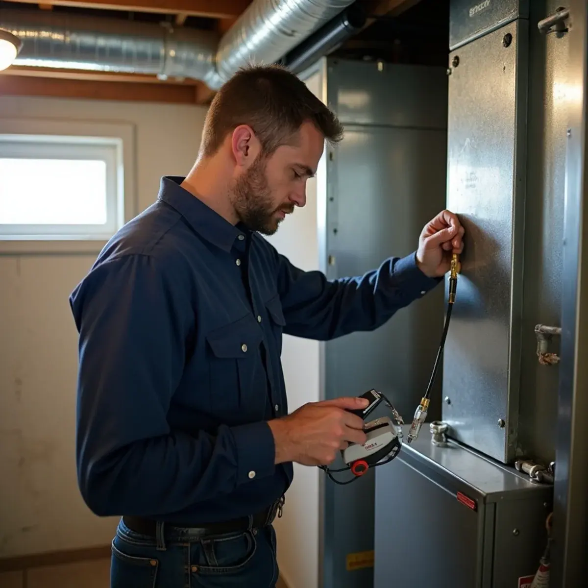 Technician inspecting an undersized return duct on a gas furnace in a Greenburgh, NY split-level