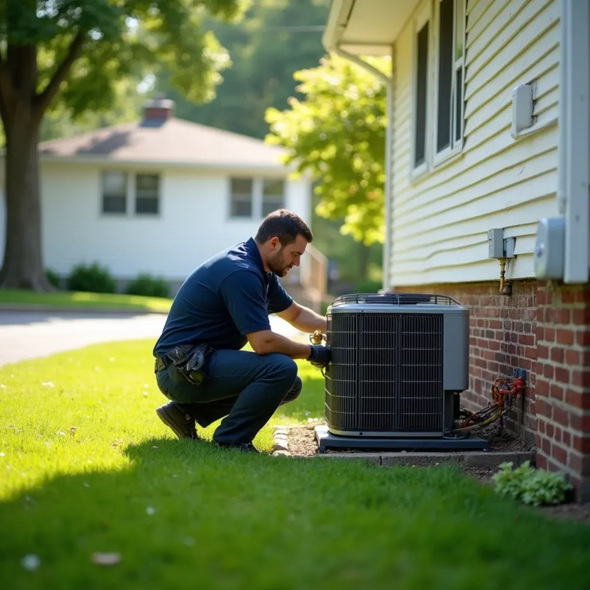 Technician servicing a central air condenser beside a 1960s split-level home in Greenburgh, NY