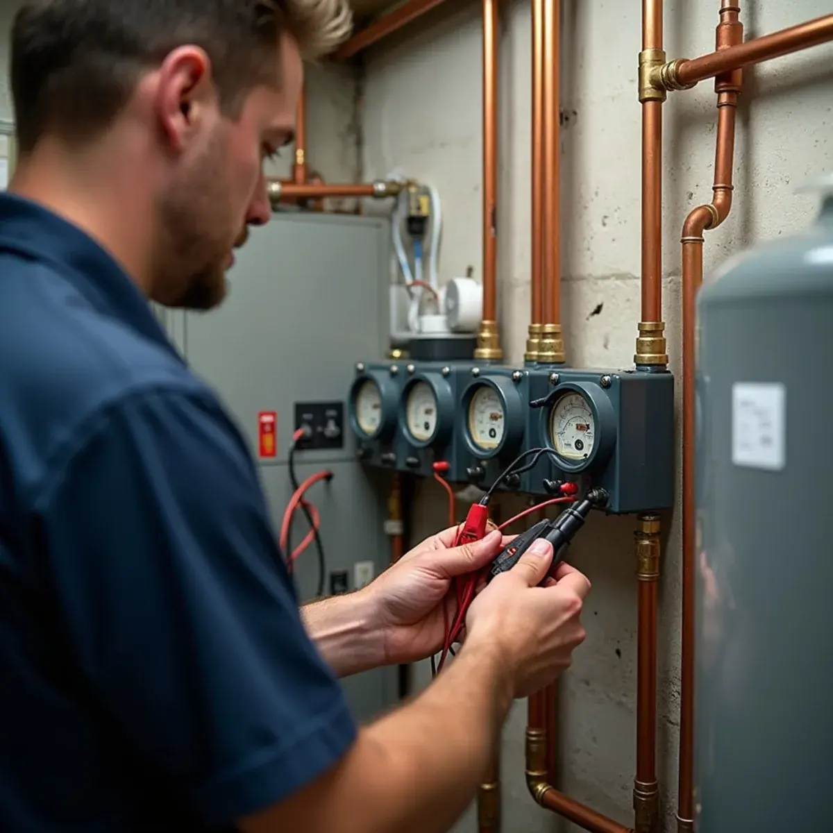 Technician testing zone circulators on a hot-water boiler in a large Harrison, NY colonial