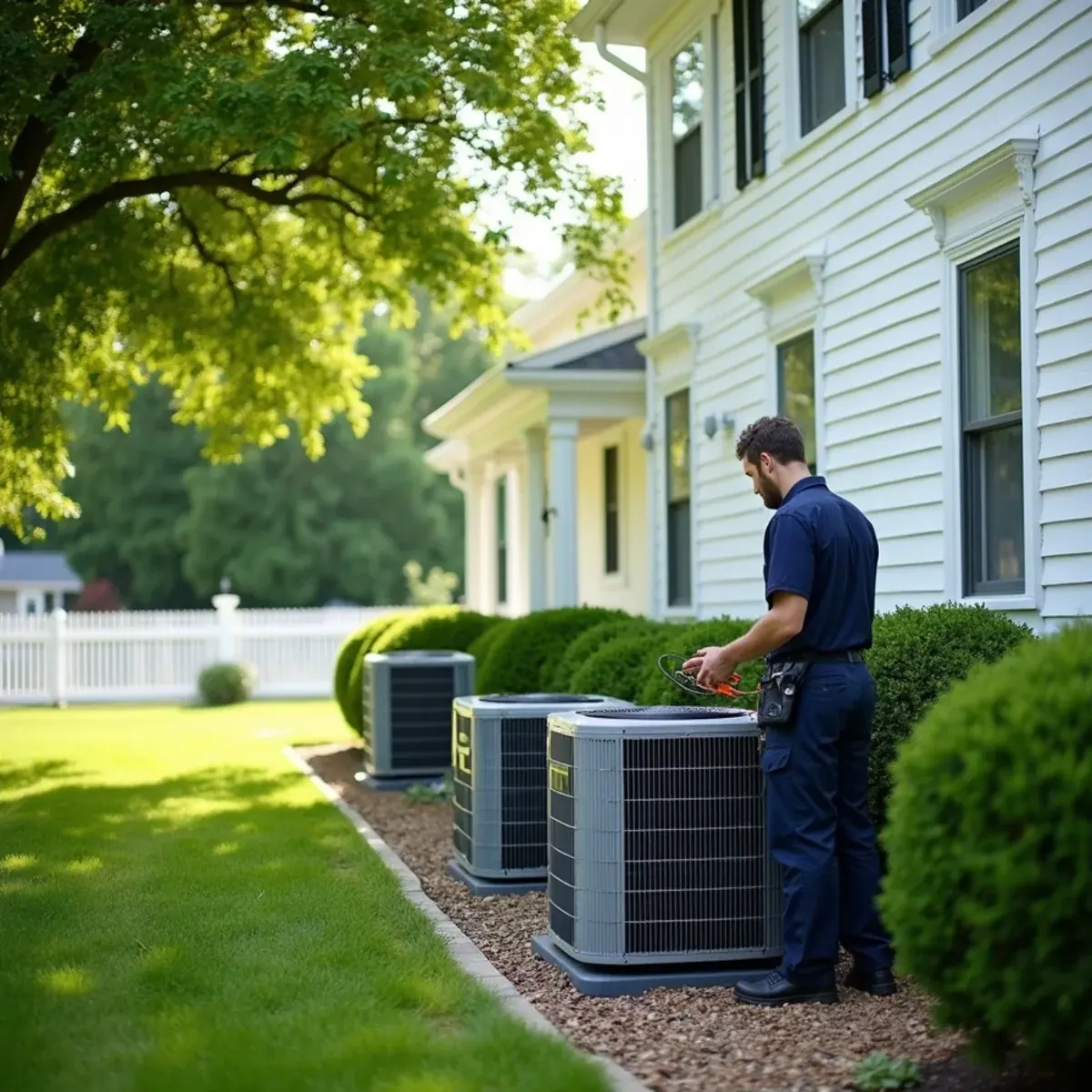 Two-story colonial in Harrison, NY with a technician checking a pair of central air condensers