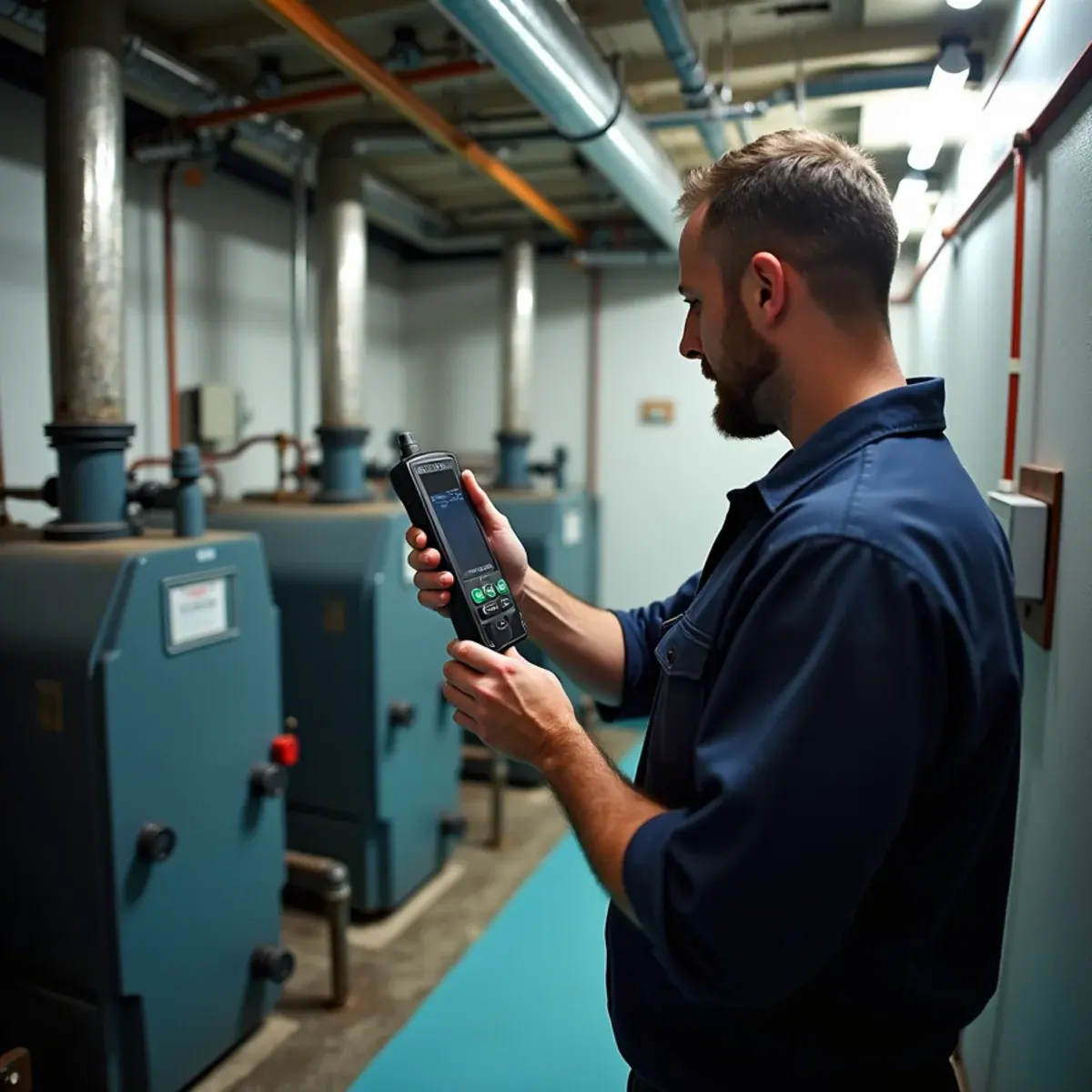 Technician servicing a central boiler plant serving a garden co-op building in Hartsdale, NY