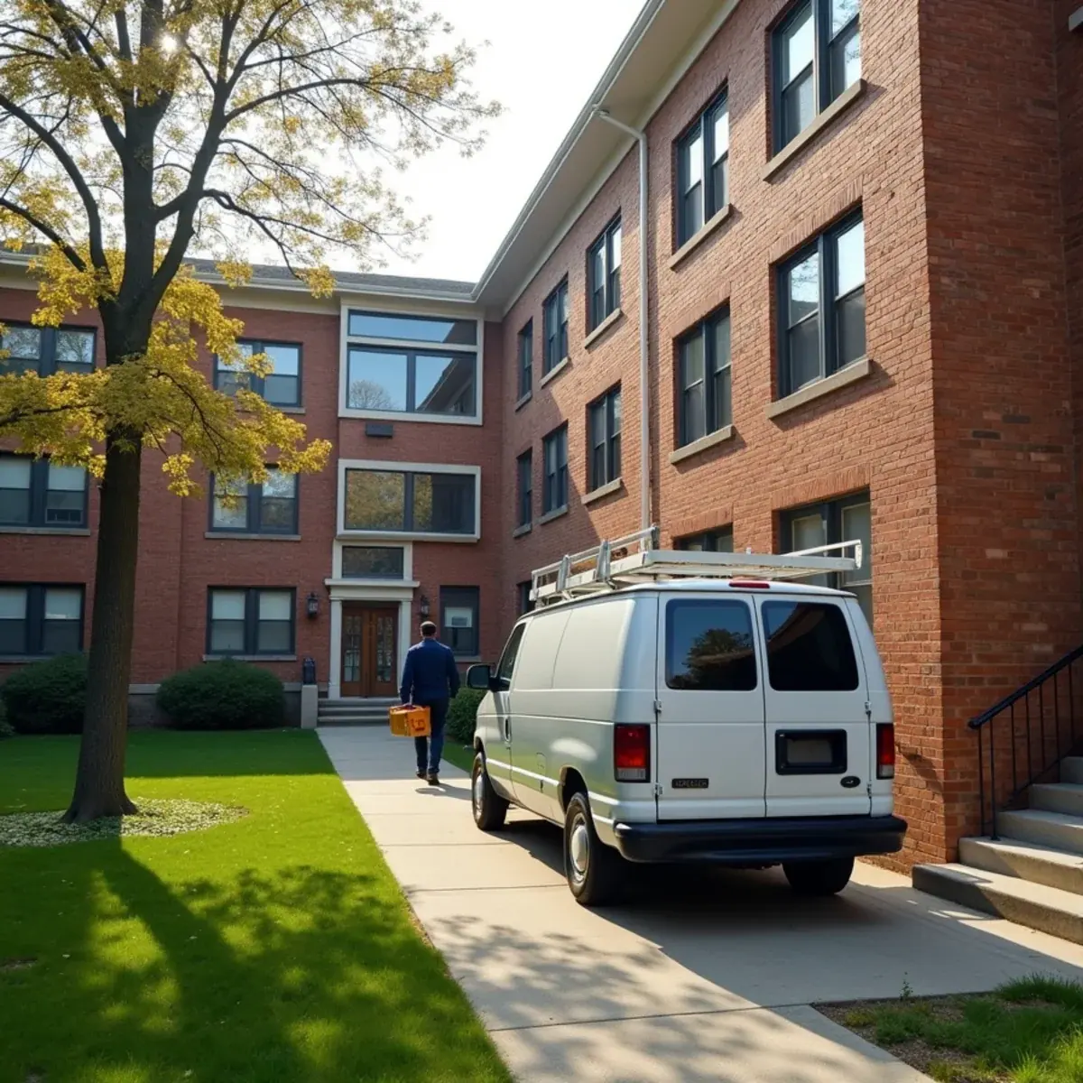 Brick garden co-op buildings in Hartsdale, NY with a technician's van near the boiler room entrance