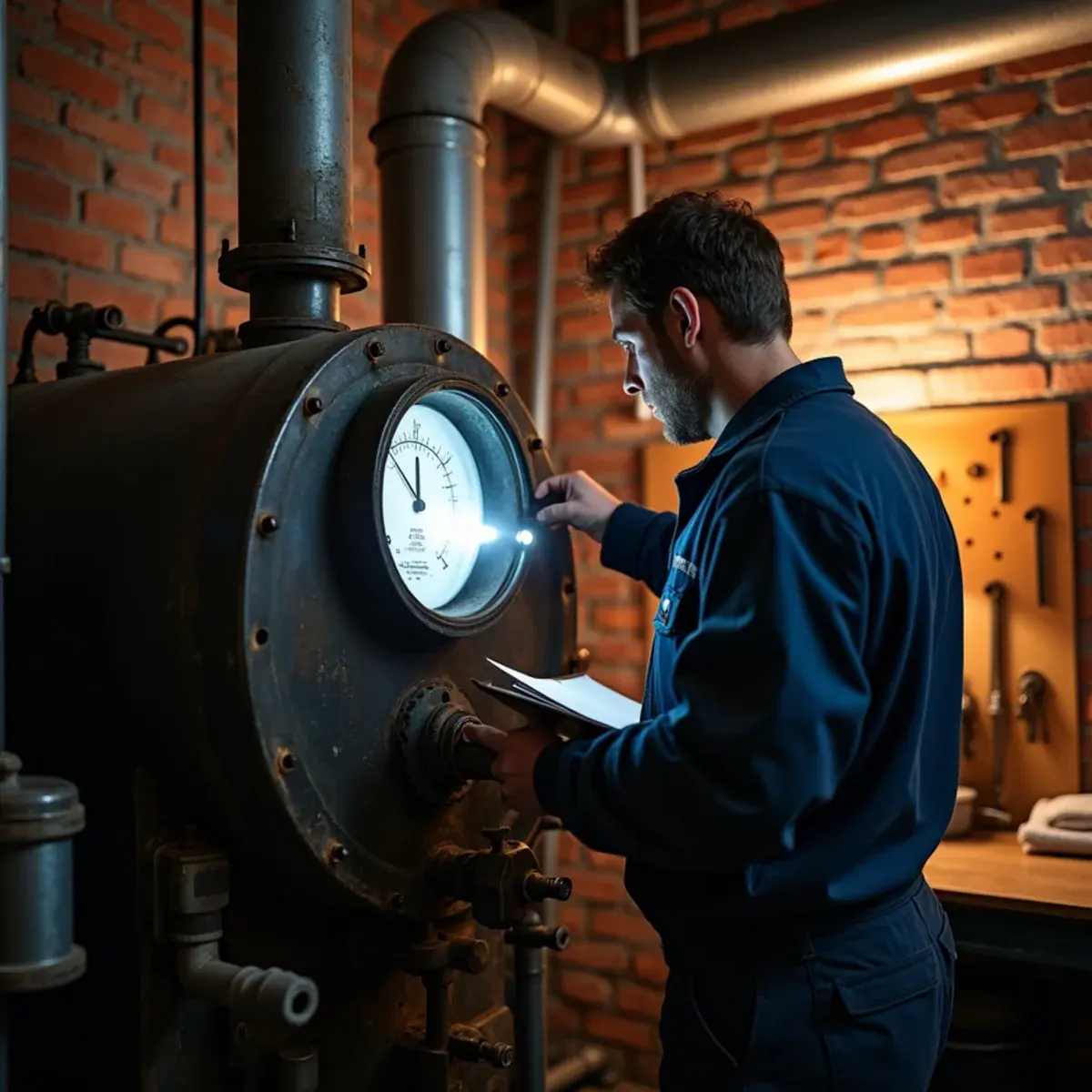 Technician checking a large steam boiler water line in a Hastings-on-Hudson, NY co-op boiler room
