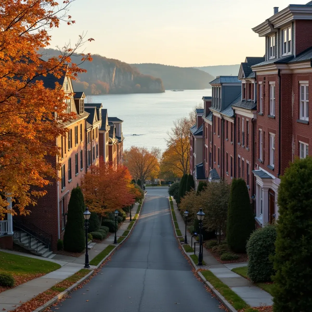 Brick co-op buildings and frame homes on a Hastings-on-Hudson, NY bluff facing the Palisades