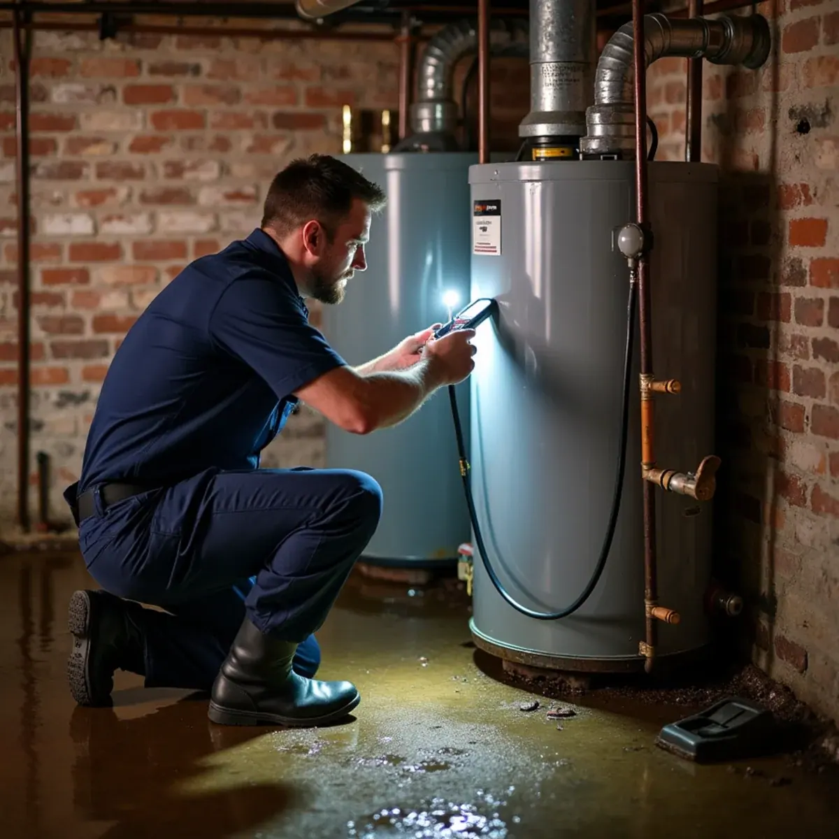 HVAC technician inspecting a flood-soaked boiler and oil tank in a Haverstraw, NY riverside basement