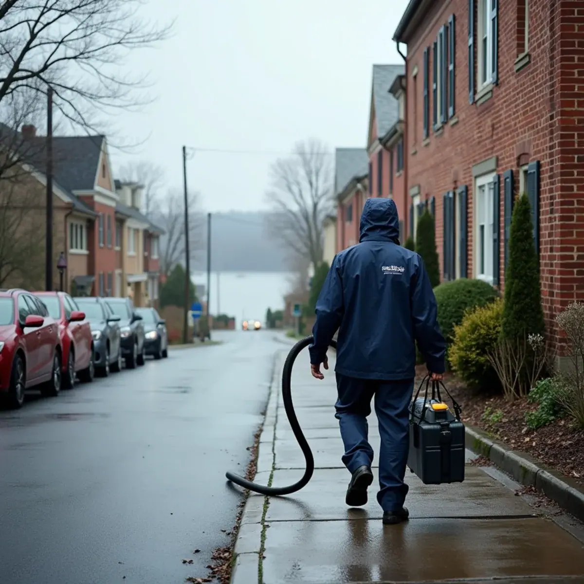 Late-1800s brick homes near the Hudson River waterfront in Haverstraw, NY with an HVAC technician walking up