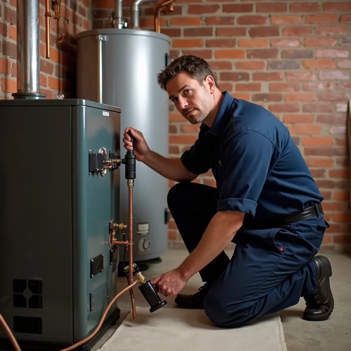 Technician servicing an oil-fired boiler with a tankless coil in an Irvington, NY basement