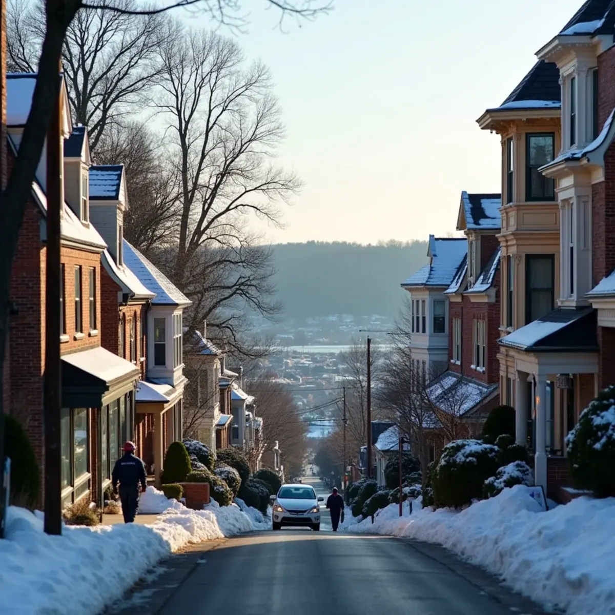 Victorian homes along a steep Irvington, NY street descending toward the Hudson River
