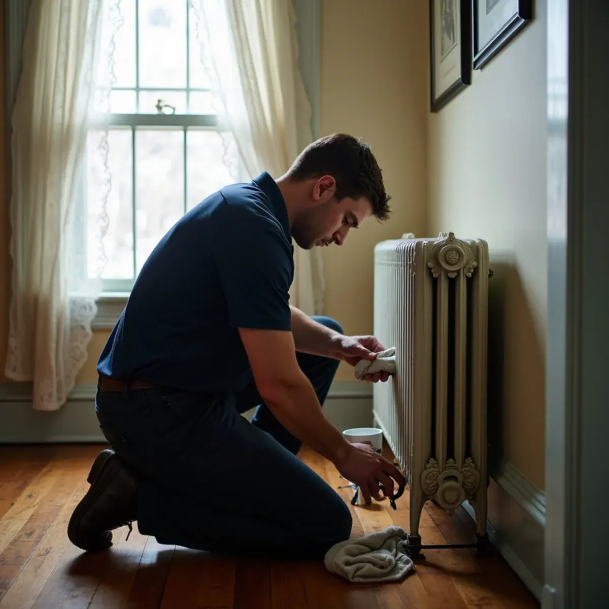 Technician bleeding air from a cast-iron radiator in an older Larchmont, NY shingle home