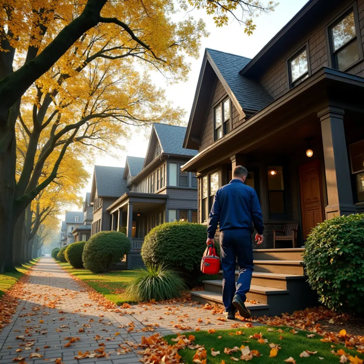 Cedar-shingle home on a tree-lined street in Larchmont, NY with a technician walking to the door