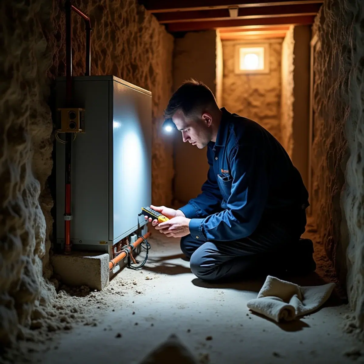 Technician checking a small oil boiler zone valve in a damp Lewisboro, NY lake cottage crawlspace