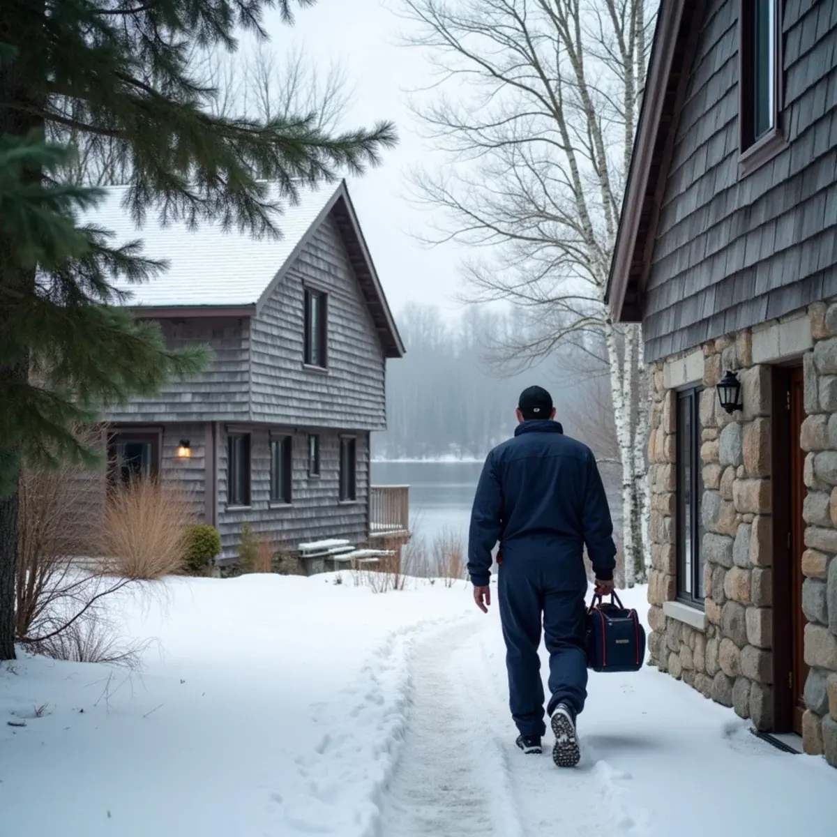 Winterized lake cottage with an addition near Lake Waccabuc in Lewisboro, NY, HVAC tech at the basement door